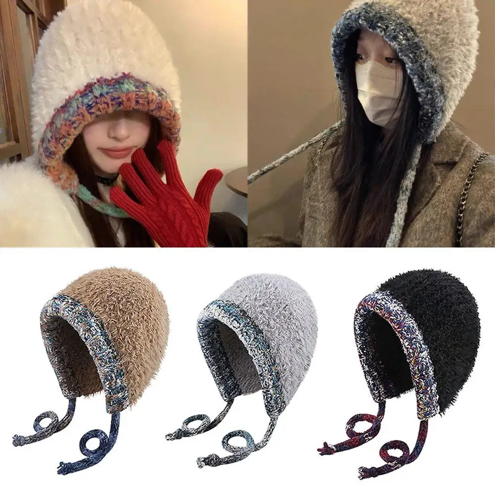 Japanese Retro Balaclava Hat Winter Hat Knitted Woolen Hat For Autumn And Winter Beanies Cap Drawstring Hats Crossbody Bag Hat