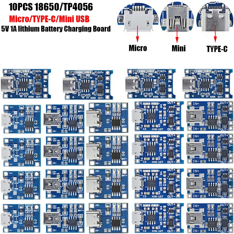 10PCS Micro/TYPE-C/MINI USB 5V 1A 18650 TP4056 Lithium Battery Charger Module Charging Board With Protection Dual Functions XCW
