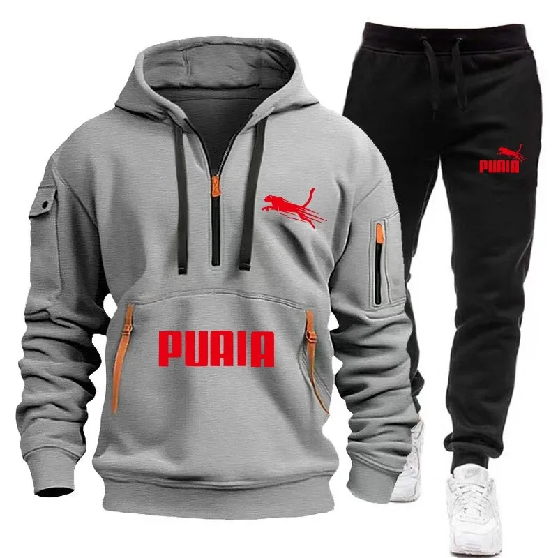 Novo conjunto de roupas esportivas com capuz e zíper masculino + calças esportivas duas peças outono e inverno terno esportivo casual masculino terno de corrida diário