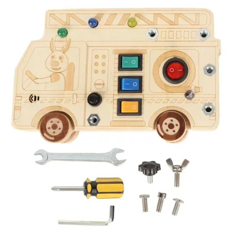 

Wooden Baby Sensory Montessori Toys With LED Lights Portable Car Shape Educational Push Buttons Switch Board Game toddler toys