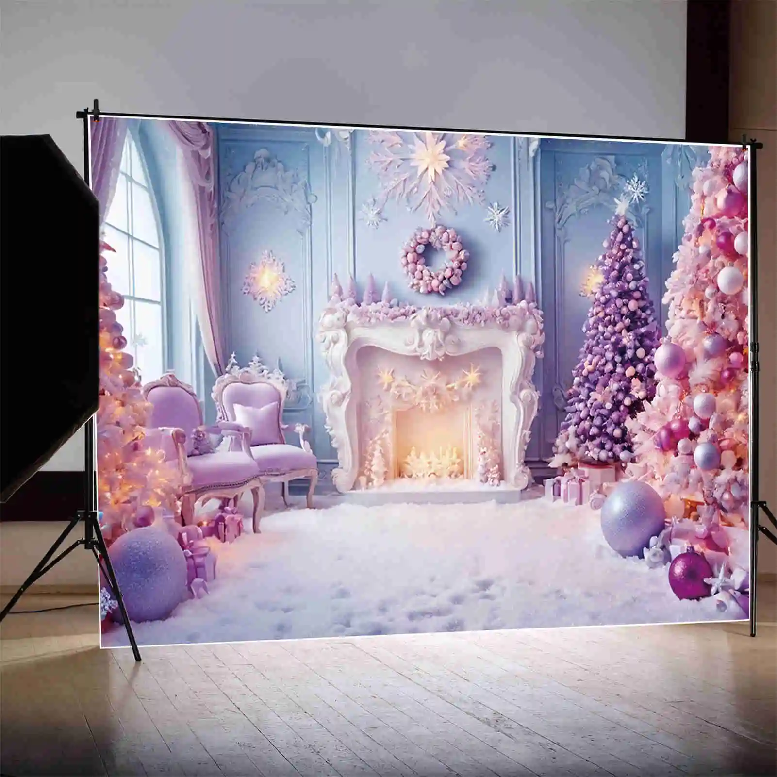 MOON.QG Western Christmas Fireplace Christmas Trees Backdrops Wall Ornamented Tree Blue Western Background Party Photocall Props