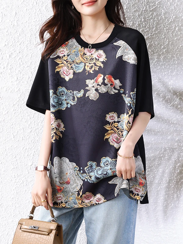 

Свободная повседневная футболка ort Sve round Ne с этническим принтом и вставкой на плечах, женский летний топ больших размеров, удобные слипоны...