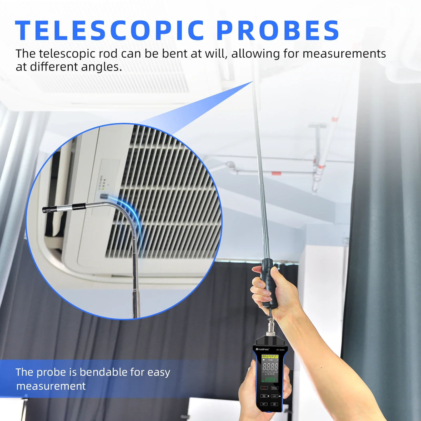 

Anemometer with extendable probe measures wind speed & air volume, features LCD screen, MAX/MIN for HVAC/environment HP-5000Y