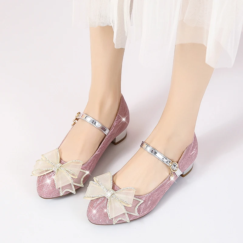 2023 Sweet Butterfly-knot Princess Mary Janes Shoes Women Belt Buckles Block Low Heels Party New Ladies Pumps Gold Sliver Pink