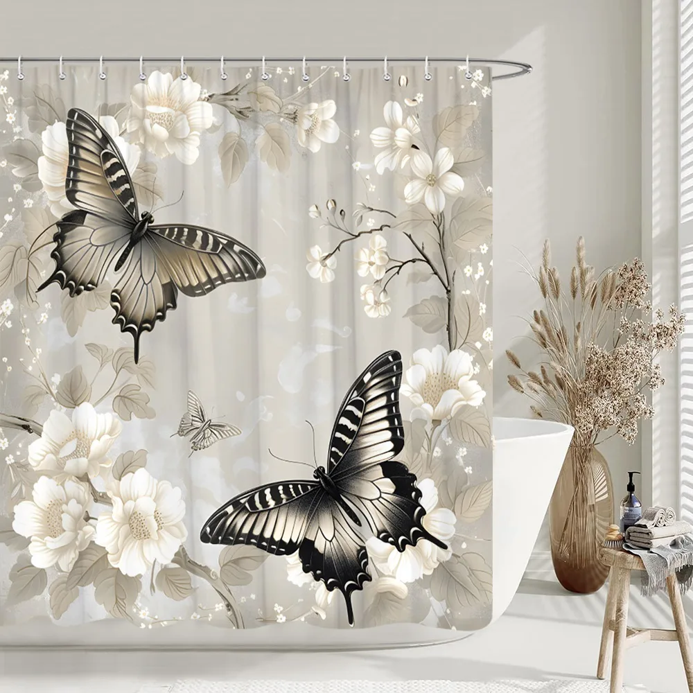 خمر الأزهار فراشة دش الستار ريفي زهرة ليف النباتية دش الستار للحمام ديكور البوليستر ستائر الحمام