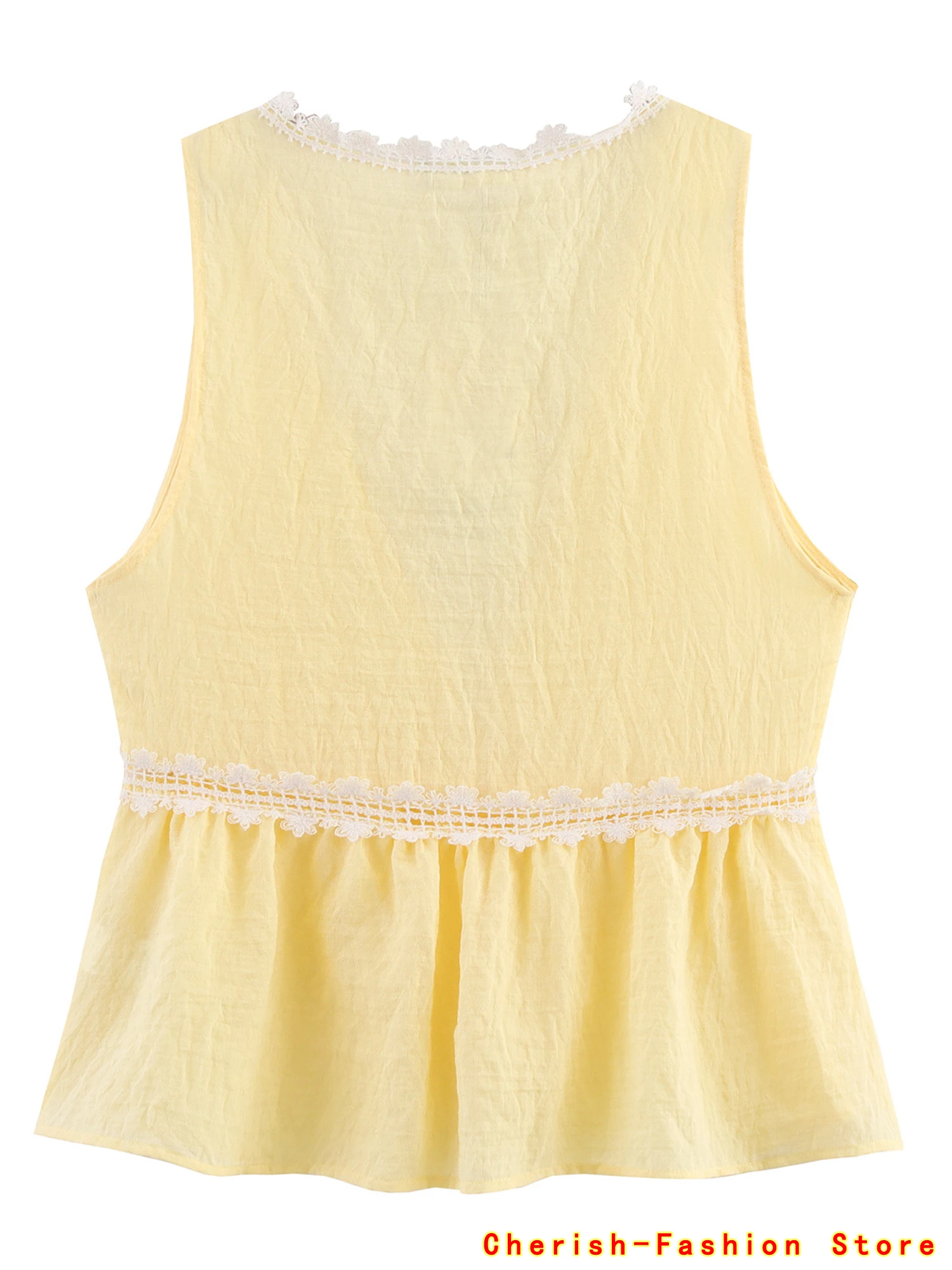 2025 Estate Decorazione in pizzo Top casual larghi per le donne Top senza maniche Moda senza maniche Top corto Gilet Colore giallo Caldo