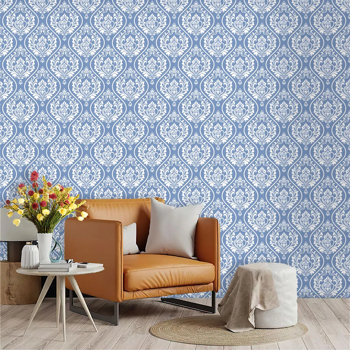 PVC self-adhesive blue-base white-patterned recyclable wallpaper for wall decoration and concealing flaws