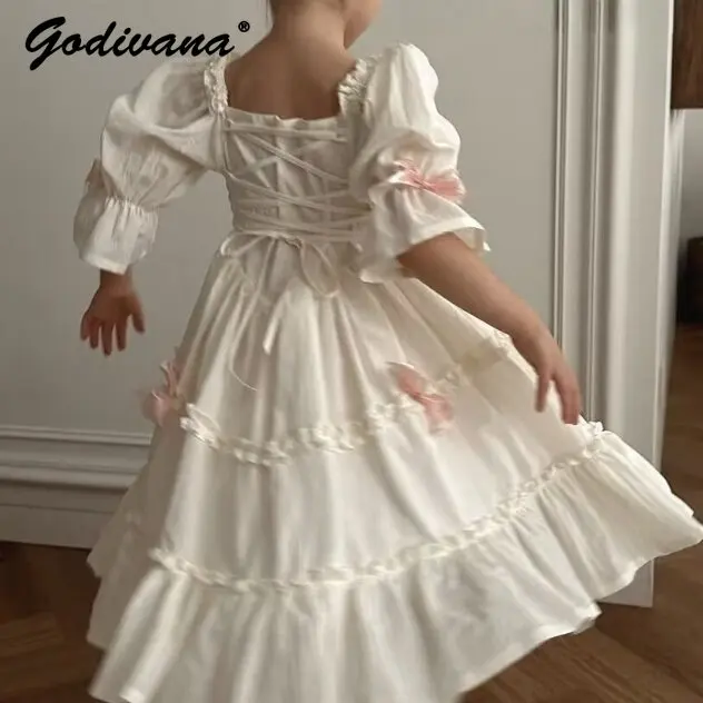 Sweet Baby Girls Spring and Summer Cotton Linen Lolita Dress Childrens Bow Court Lace-up Ruffle Trim Square Collar Loose Dress