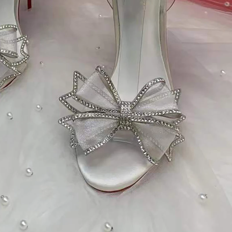 2023 Summer Size 34-45 Sweet White Satin Girls Women Fashion High Heels Sandals Shoes