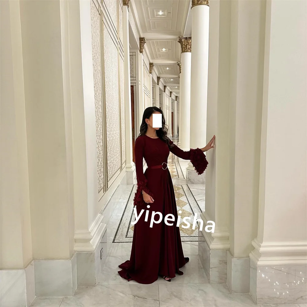  Evening Satin Draped Sash Applique  A-line O-Neck Bespoke Occasion Gown Long Dresses Saudi Arabia  