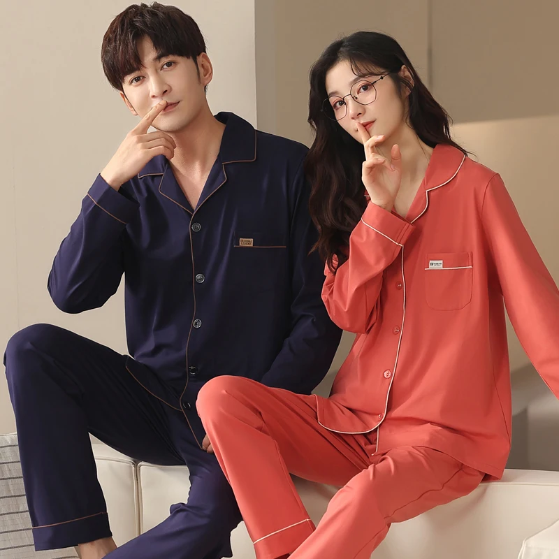 Newest Spring and Autumn Couple Pajama Set Long Sleeve Leisure Men and Women Turn-down Collar Cotton Pyjamas