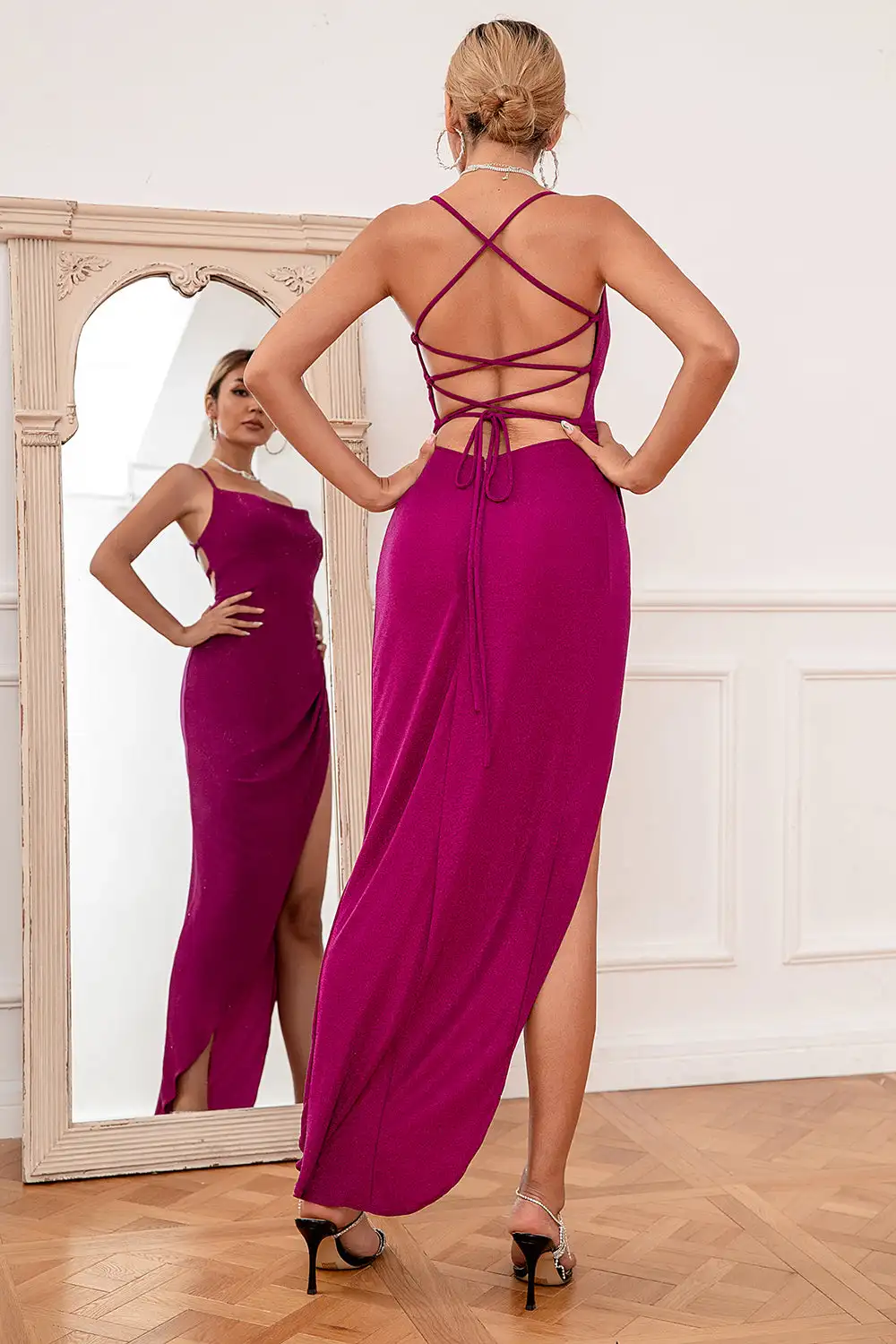 Sexy Beauty Pageant Slit Long Skirt Cross Vest Fuchsia Halter Neck Party Dress 2024 vestido de noche فساتين حفلة موسيقية