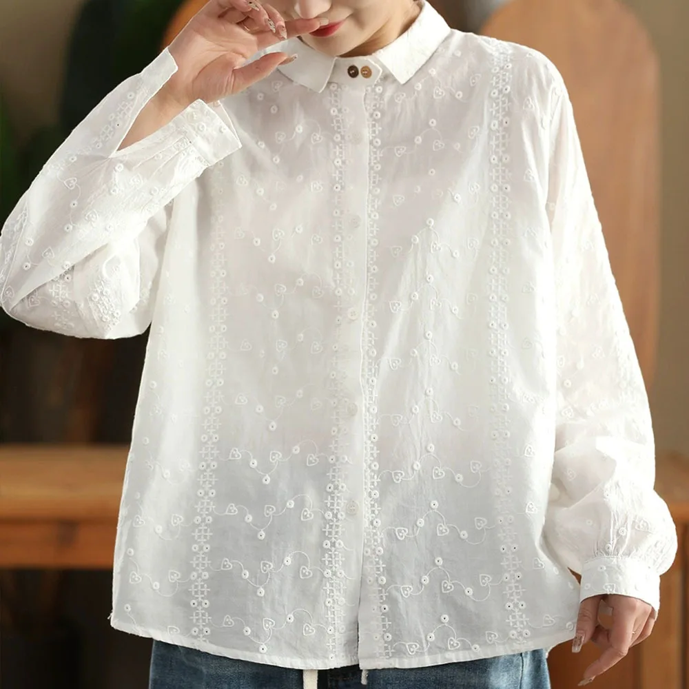 New 2025 Spring Cotton Long Sleeve Shirt, Women Turn-down Collar Embroidery, Mori Girl OL Vintage French Loose Blouse T54114CC