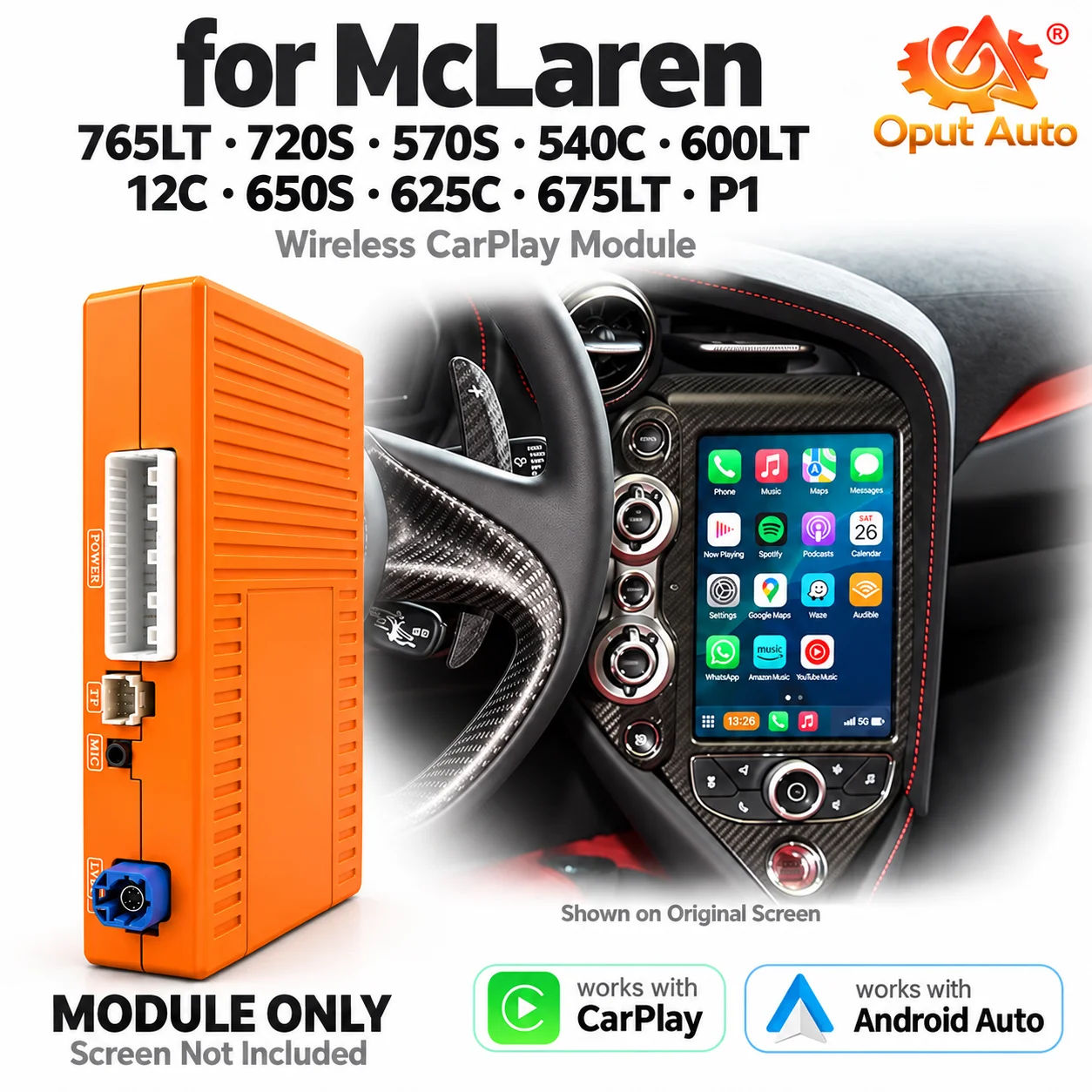 Wireless CarPlay Android Auto Airplay Module for McLaren 720S 765LT GT 570S 540C 600LT 625C 650S 675LT 12C P1 OEM Screen Upgrade