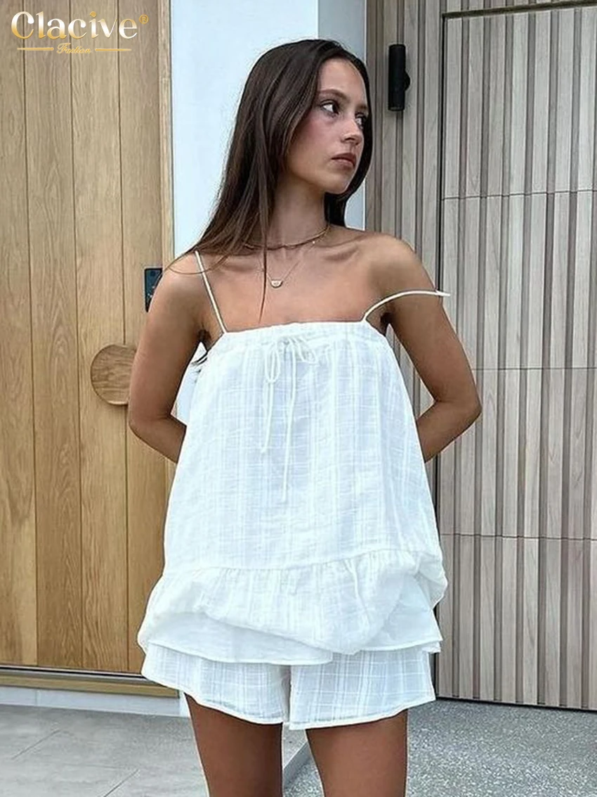 Clacive Summer Loose White Cotton Shorts Sets For Women 2 Pieces Fashion Sleeveless Tank Top With High Waist Shorts Set Female