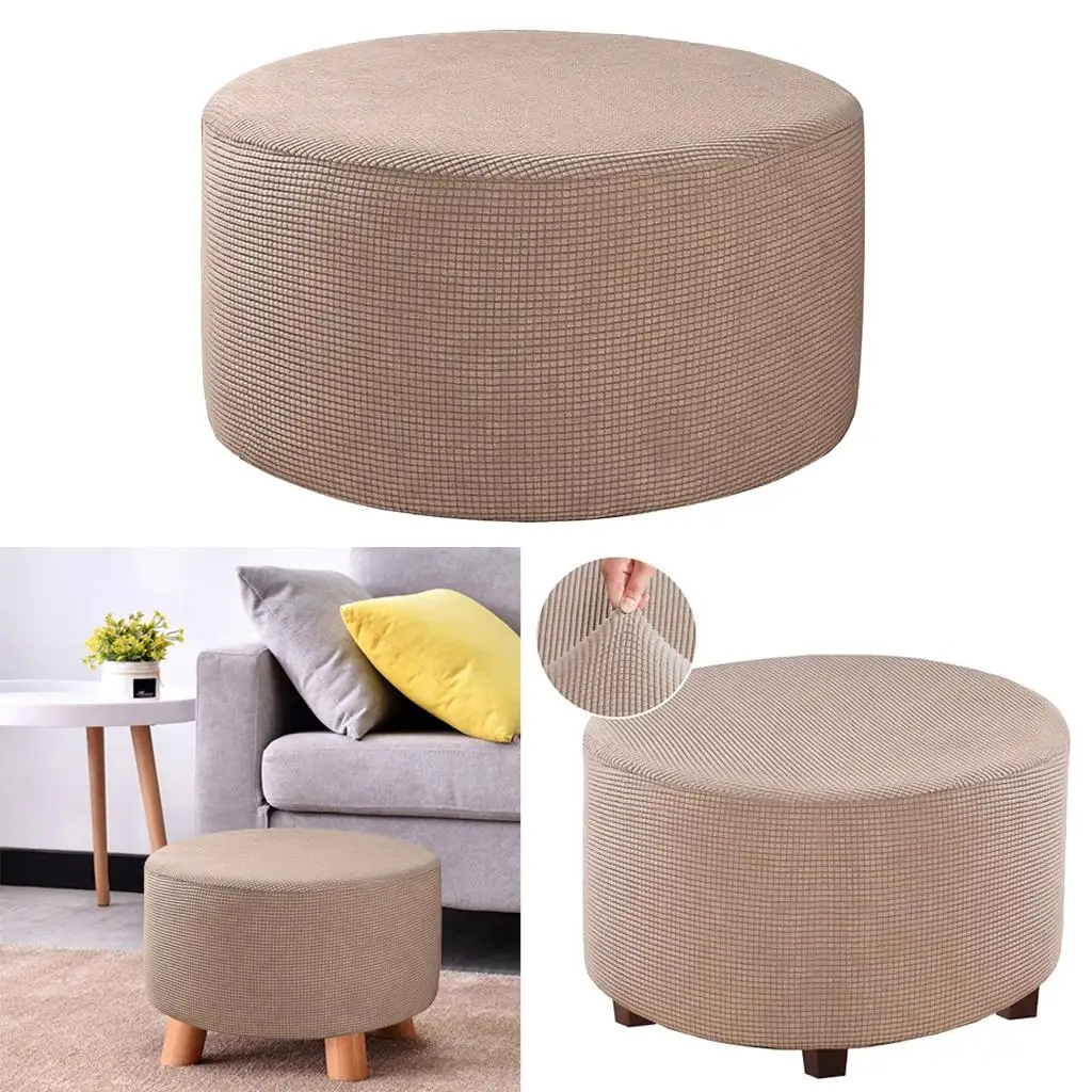 Round Ottoman Slipcover Footstool Footrest Cover Living Room Stool Kahki