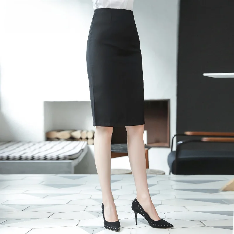 Elegant High Waist Midi Skirt Workwear Black Asymmetrical Zipper Design Professional Office Dress Code Spring Autumn