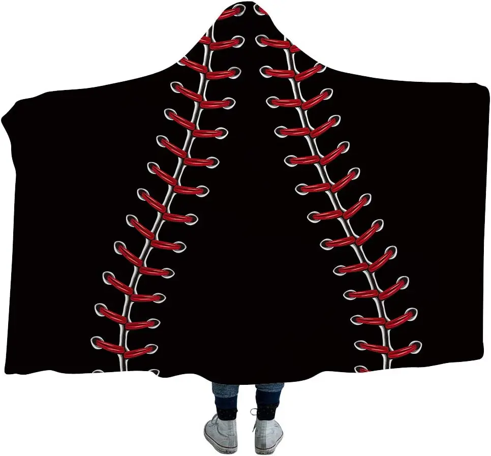 Baseball Design Oversized Hooded Blanket Thick Sherpa Shawl Wrap Warm Cloak Cape Hoodie Pashmina for Adults Teens and Kids