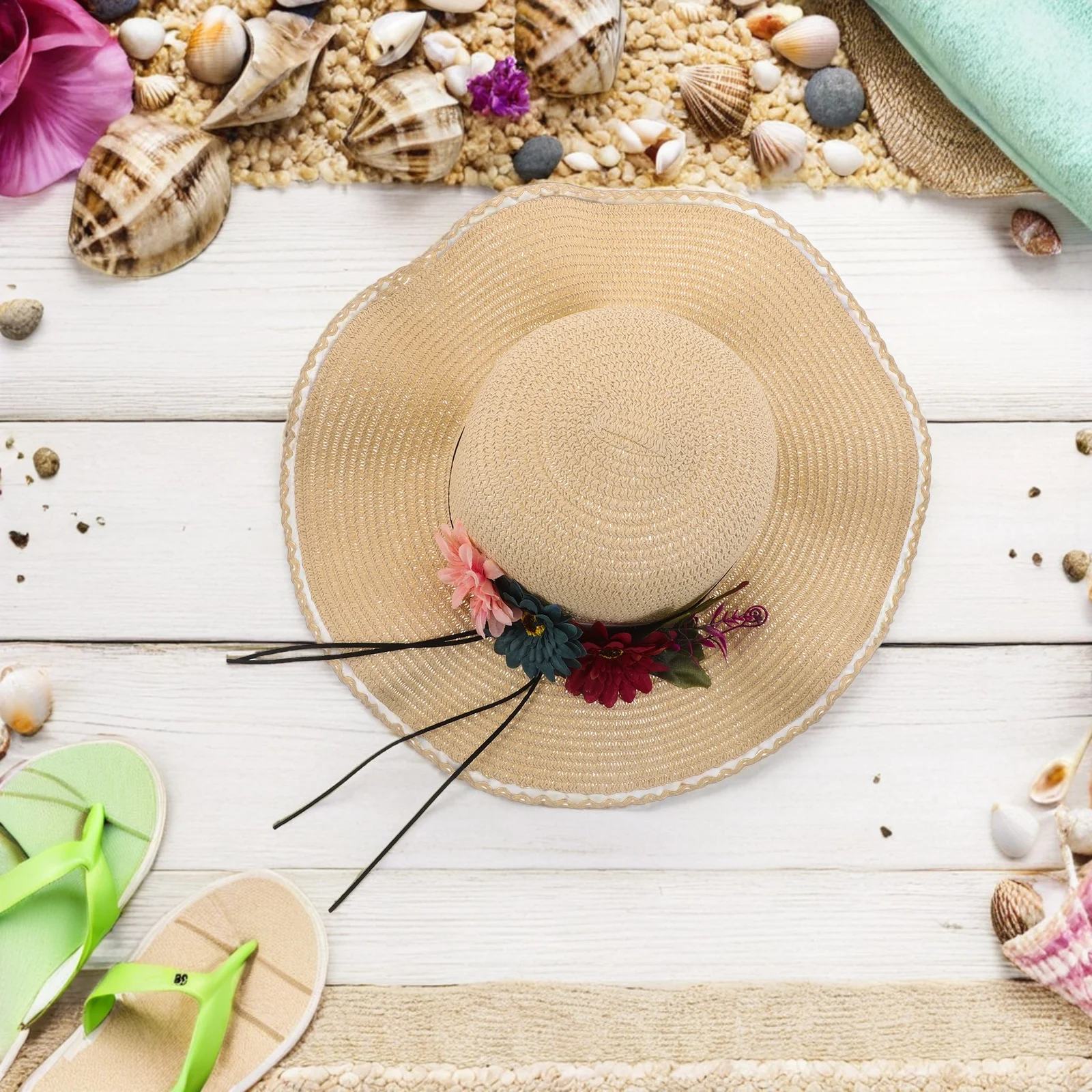

Outdoor Sun Protection Hat Floppy Beach Wide Brim Straw Flower Bucket Travel
