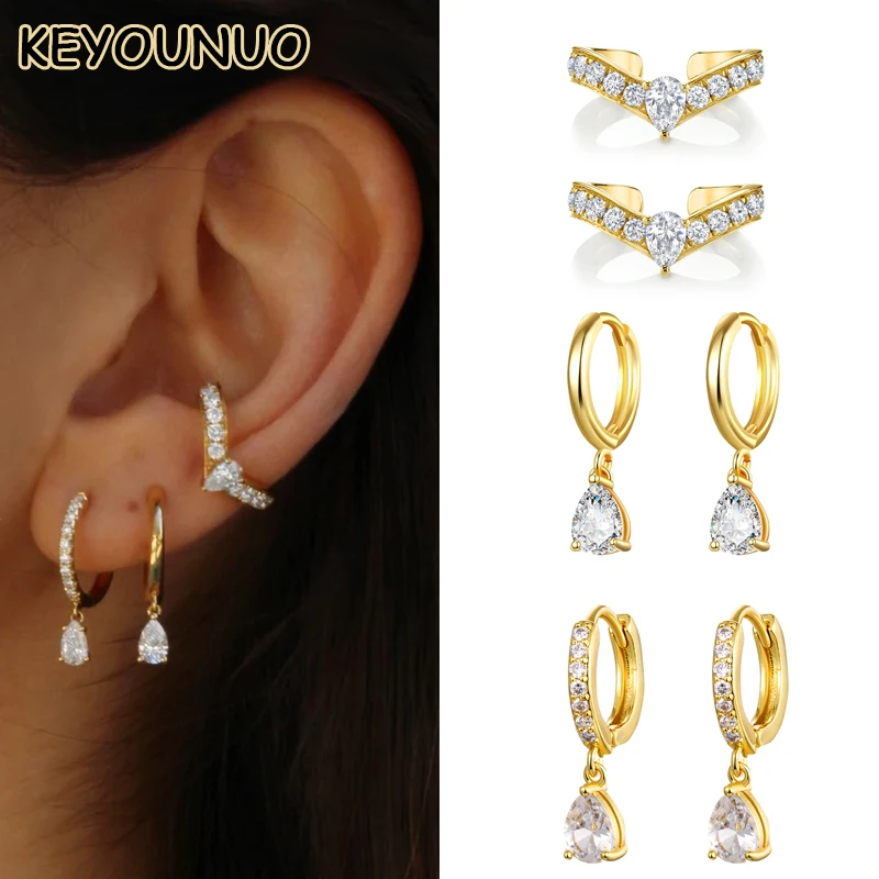 

KEYOUNUO Gold Plated CZ Dangle Earrings For Women Earcuffs Teardrop Zircon Drop Hoop Earrings Fashion Party Jewelry Wholesale