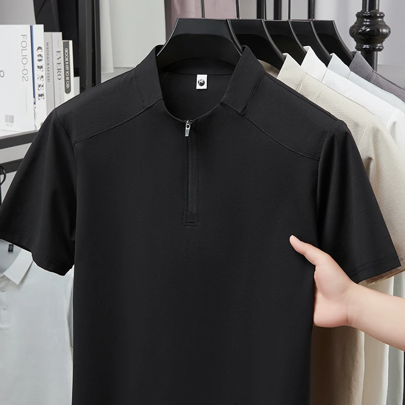 Herren Kurzarm-Poloshirts mit Halbem Reißverschluss und Stehkragen Lässige Sommer-Oberteile Leichte Atmungsaktive Hemden für Männer – Detail 12