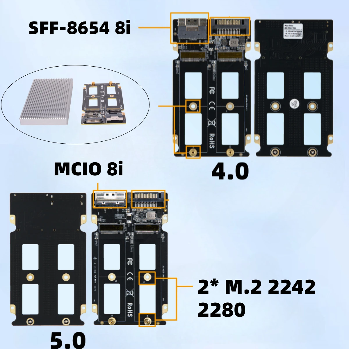 Brand New External SlimSAS / MCIO to 2* M.2 2280 NVMe Adapter Board Dual Disk X4 Split / MCIO 8i 5.0 / SlimSAS SFF8654 8i 4.0