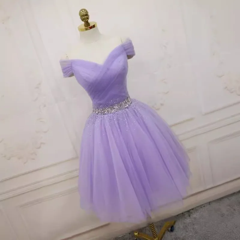 Customized Purple Lilac Mesh Tulle Short Bridesmaid Dresses Crystal Beads Waist Sweet Memory Boat Neck Birthday Prom Dress