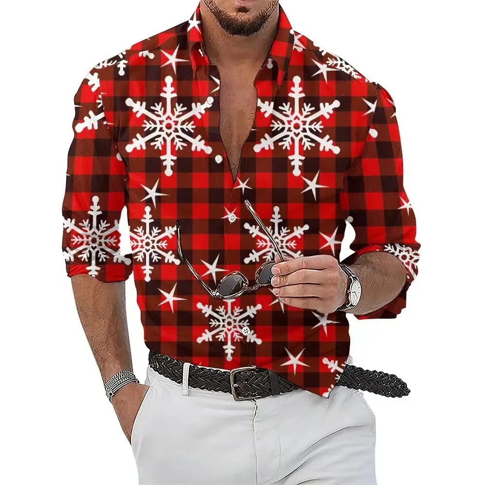 Men's Shirt Plaid Snowflake Christmas 3D Printing Shirt Christmas Street Long Sleeve Button Clothing Fashion Design Casual Soft