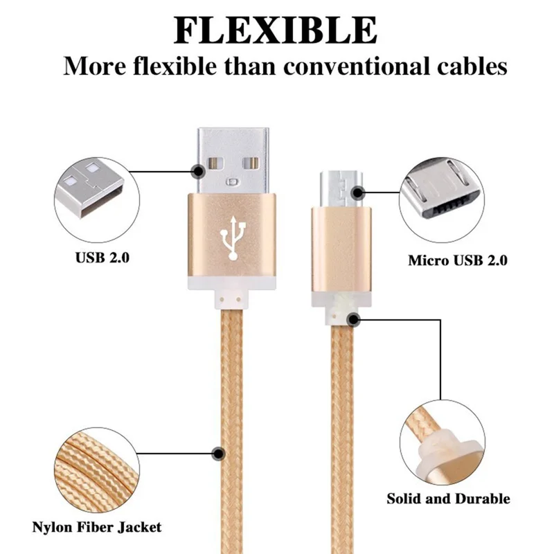 마이크로 USB 케이블 고속 충전 금속 편조 데이터 동기화 와이어, 샤오미 레드미 7 7A 화웨이 P 스마트 플러스 Y9 2019 Y8S Y6P 용, 5V 2.4A