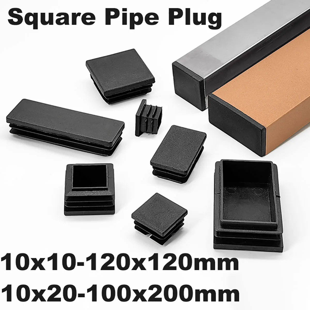 4 Pcs Black Plastics Square Pipe Plug Tube End Cap Table Chair Leg Protector Pads Leveling Feet 10x10-100x100 10x20-100x200mm