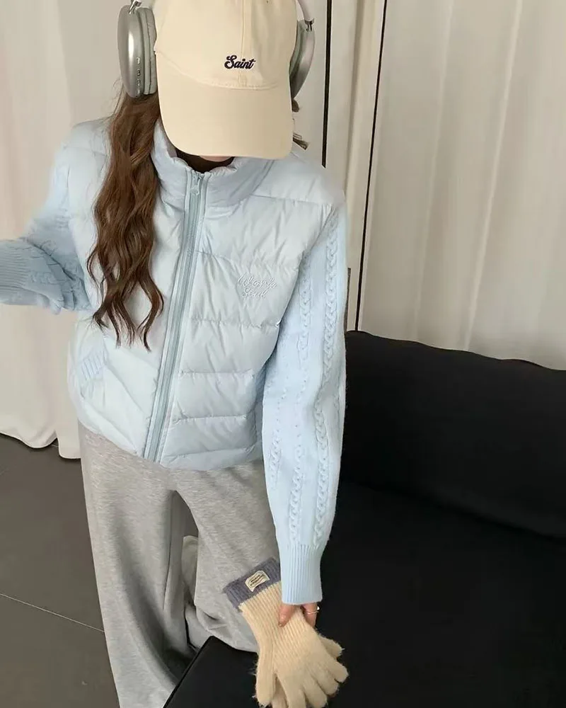 Winter Patchwork Parkas for Women Thick Warm Knitted Sleeve Splicing Puffy Coats Korean Loose Preppy Zipper Down Outwear New