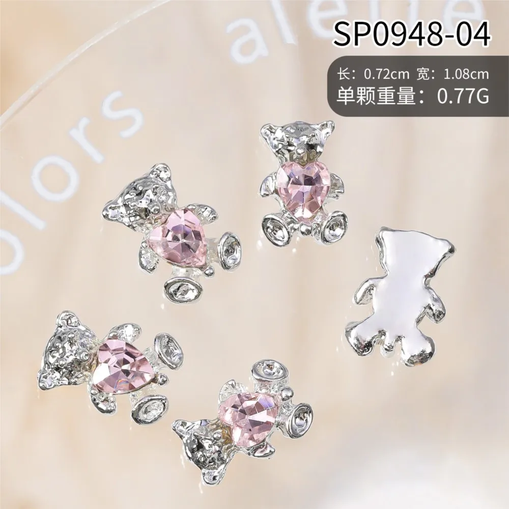10pcs 3D Cute Gold Silver Alloy Bear Nail Charms Pink Love Heart Diamond Nail Gems 10*7mm Flatback Metal Bear Nail Art Supplies