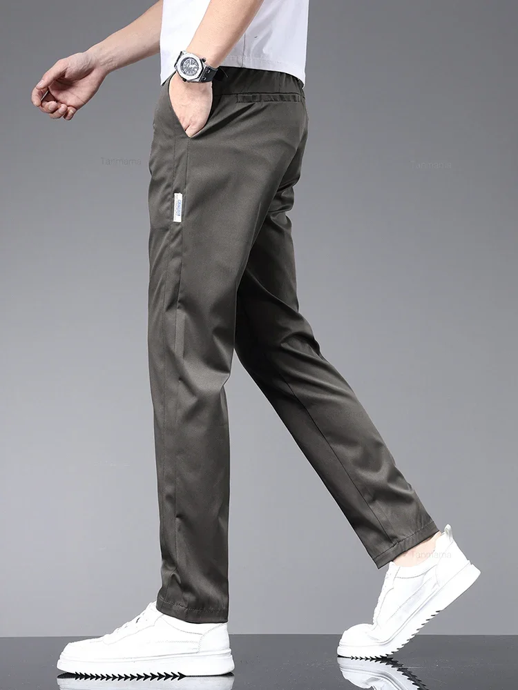 Summer Ultra-thin Men\'s Elastic Casual Pants Fashion Soft Ice Silk Solid Color Elastic Waist Slim Straight Trousers Black Beige