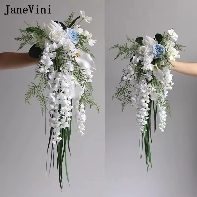 JaneVini Newest White Calla Lily Bridal Hand Weeding Flowers Waterfall Artificial Bride Flower Cascading Wedding Bouquet Vintage