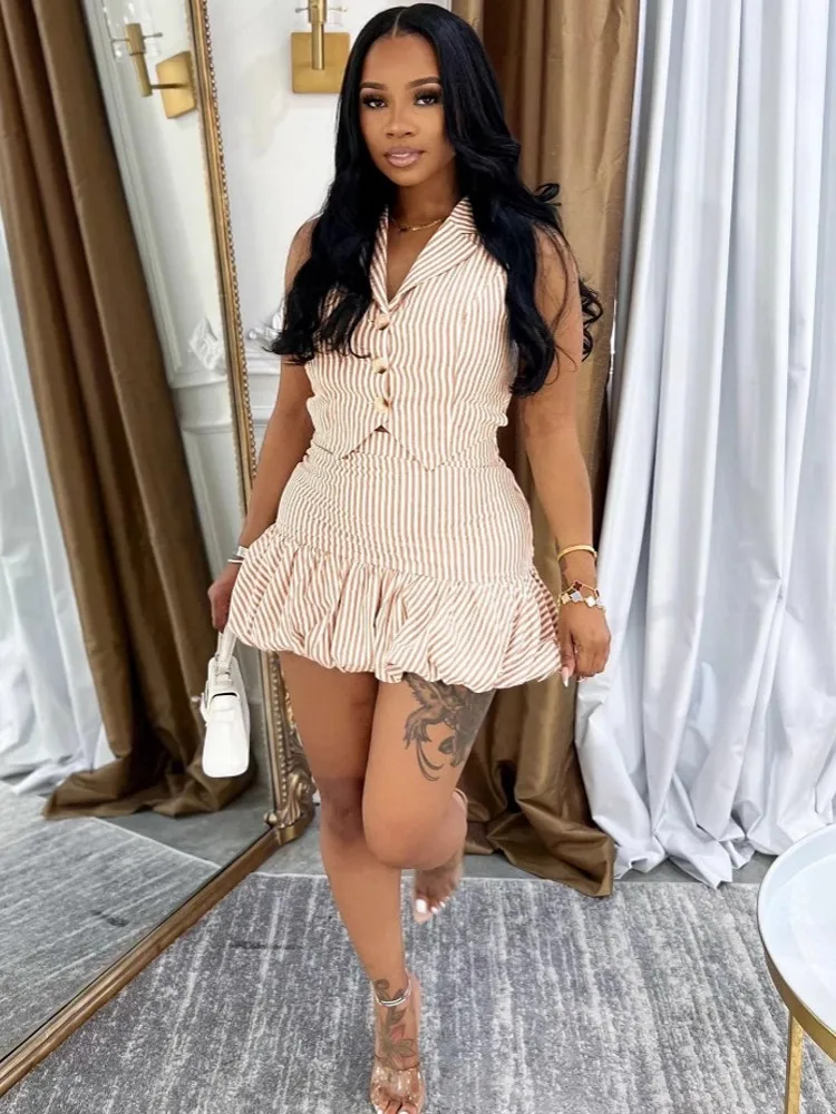 

2 Pieces Set Sexy Fashion Women Set 2025 Summer Autumn Stripe Printing Sleeveless Single Breasted Tops And Mini Skirts Outfit