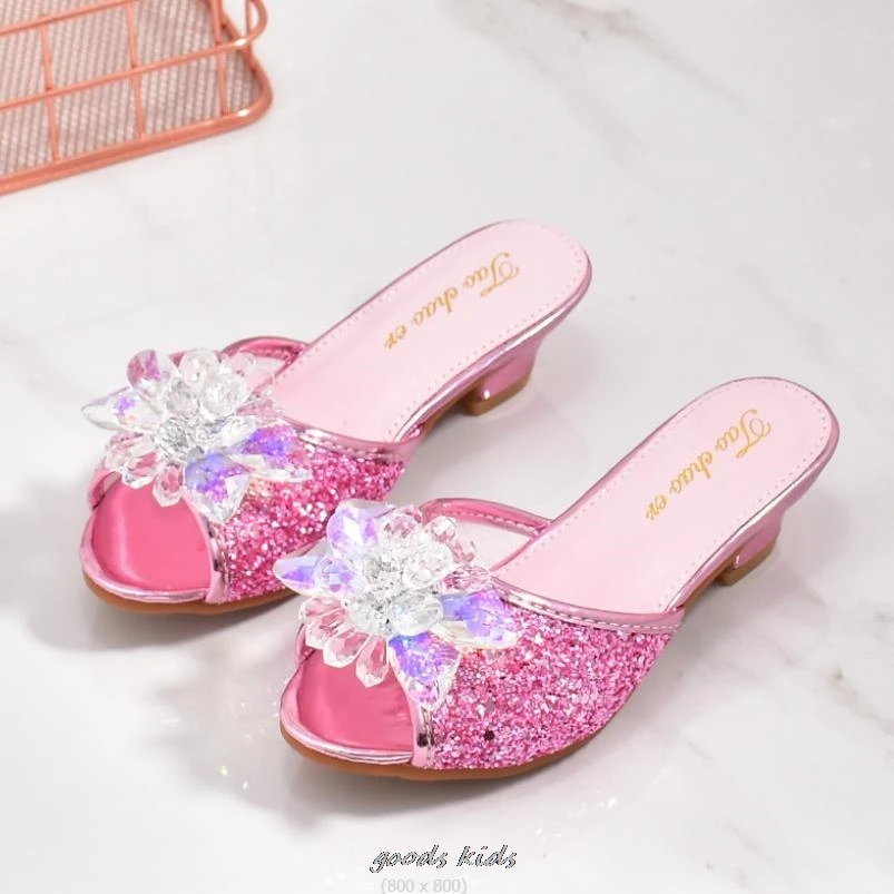 Girls Summer Frozen Sandals Slipper Sequined Princesse Children High Heel Party Dress Elsa Shoes Leather Slipper For Kids Slides