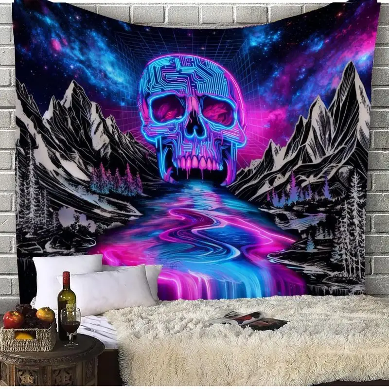 VIKAMA UV Flame Skull Tapestry, Psychedelic Starry Sky Gothic Wall Hanging, Aesthetic Bedroom Dorm Party Decor