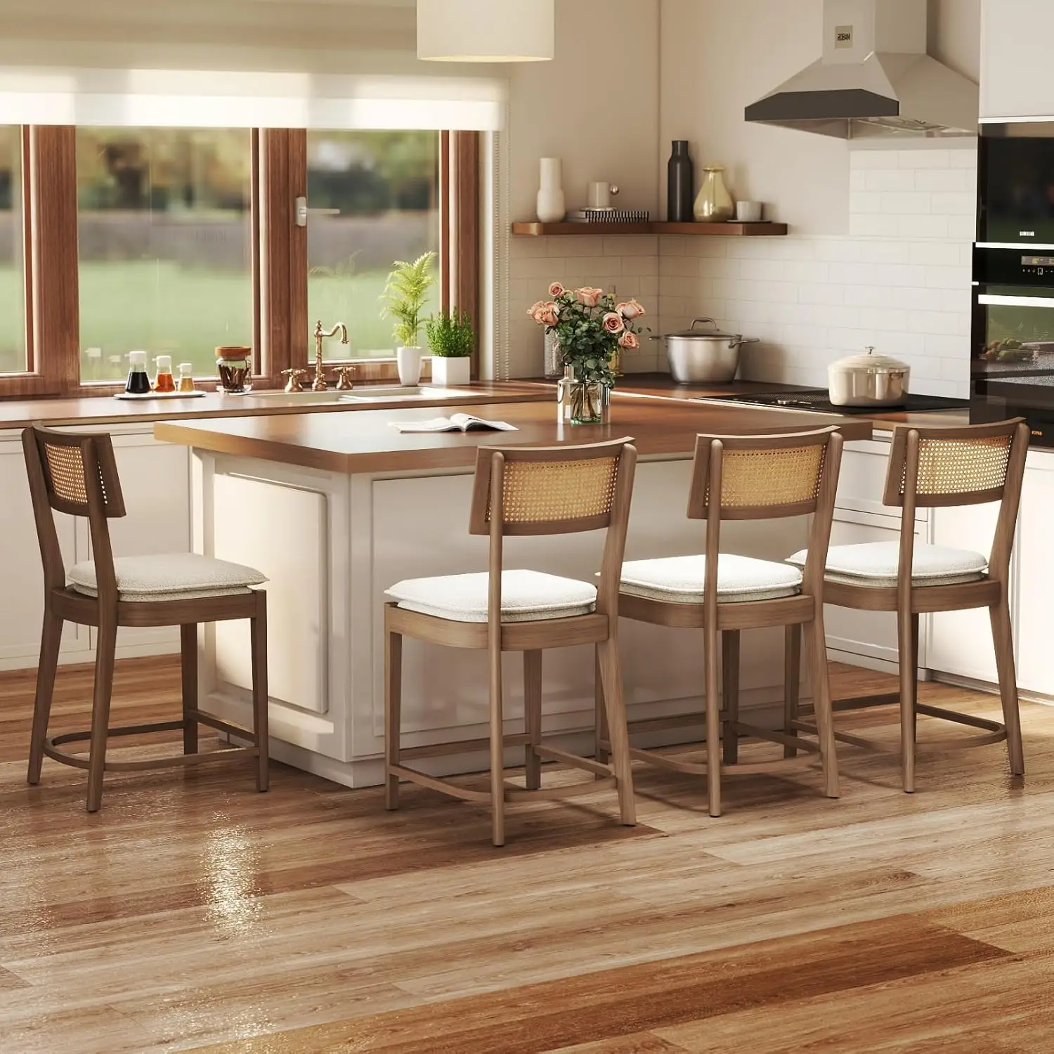 

Набор из 4 барных стульев 26 дюймов с сиденьями из ротанга, съемными обивками из букле и спинками из ротанговых прутьев, для кухни, столовой, острова, на заказ