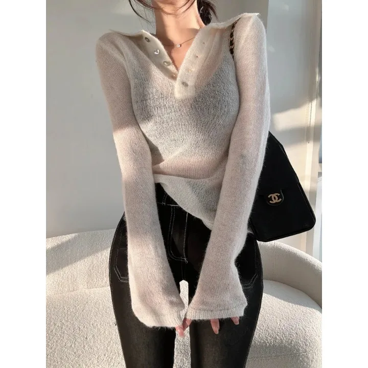 Fall 2026 Women's Slim Fit Knitted Long Sleeve Shirt with Button Stand Collar Transparent Design Daily Wear Soft Korean Style