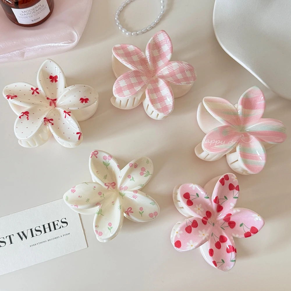 2026 New Trend Cute Flower Shape Hair Claw Set Sweet Cherry Print Hair Clips Hair Accessories For Women Girls Daily Summer Wear