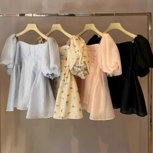 

Sweet Off Shoulder Puff Sleeve Camisole Shirts Japan Style Chic Print Patchwork Slip Blouse 2025 New Summer All-match Blusas