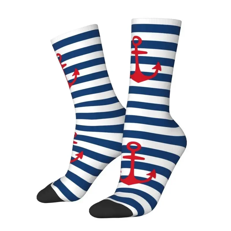 Red Anchor On Navy Blue Stripes Men's Crew Socks Unisex Fun 3D Print Nautical Sailing Sailor Dress Socks