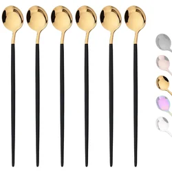 6Pcs Coffee Stirring Spoon Flatware Cutlery Set Juice Black Gold Tea Spoons Dinnerware Ice Cream Long Handle Scoop Kitchen Tools