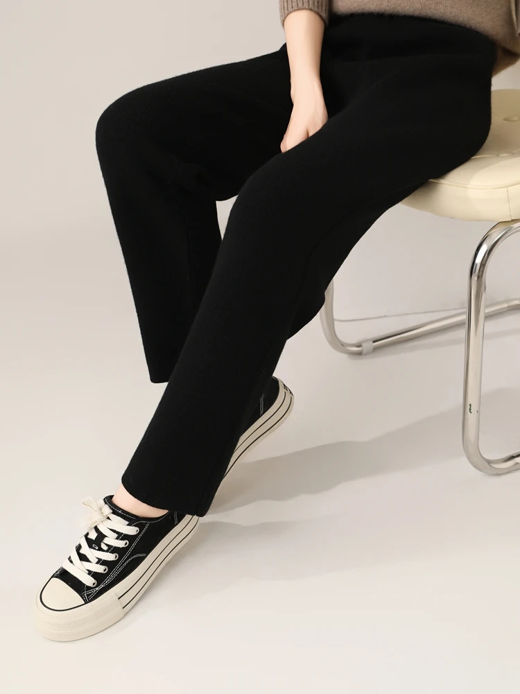 Women's Wool Pencil Pants Autumn Winter Office Lady Style Threaded Elastic Waist Trousers 100% Merino Wool Knitted Thicken Pants