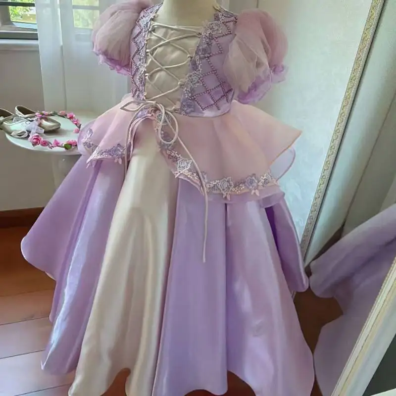 Ins Handmade Girls Heavy Industry Party Wedding Princess Dress Bubble Sleeve Birthday Dress Performance Boutique Dress
