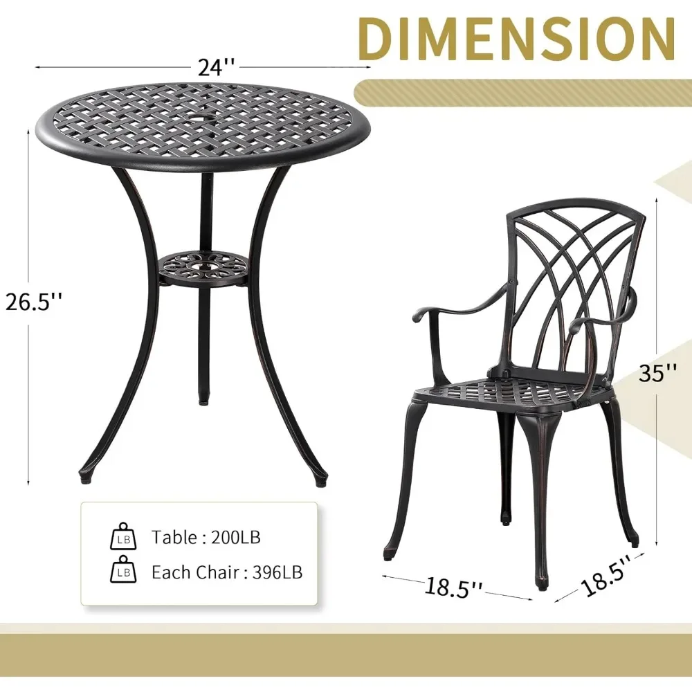 Durable Patio Set for Porch，3 Piece Patio Bistro Set Outdoor Bistro Table Set Anti Rust Bistro Table and Chairs w/Umbrella Hole