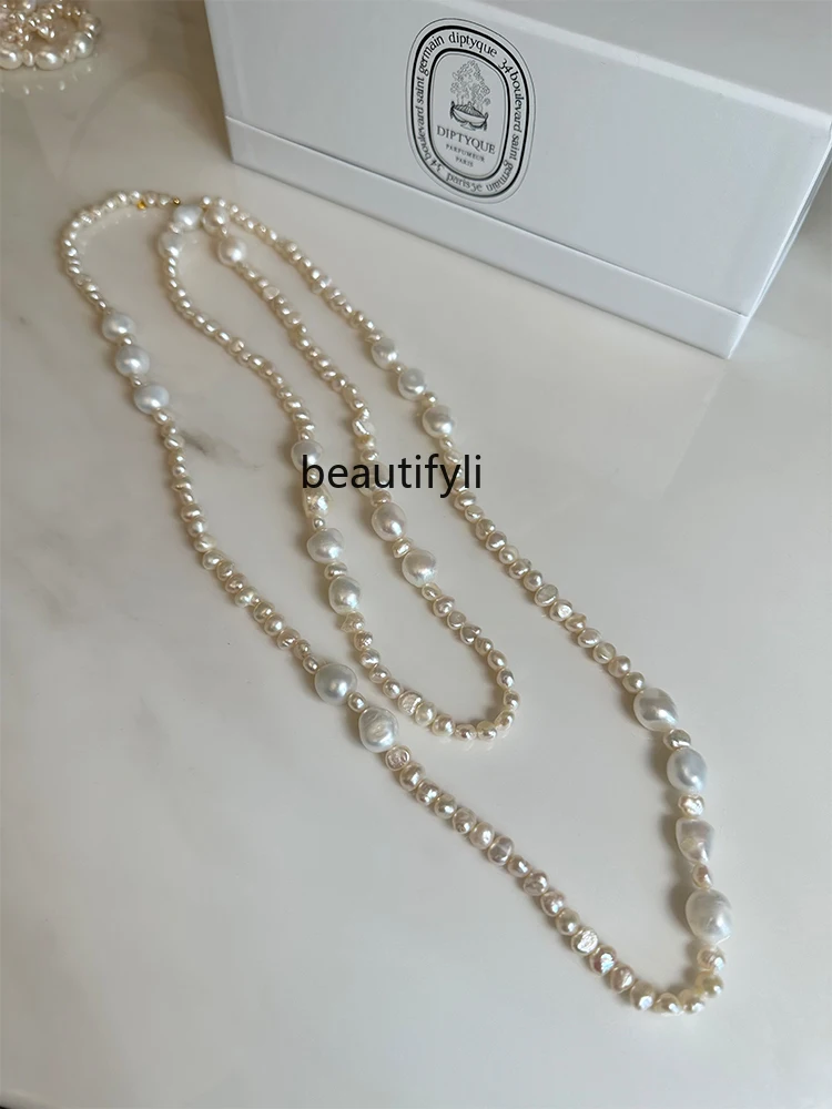 

French Retro Natural Pearl Necklace Women's Long Sweater Chain Temperament Wild Light Luxury High Sense