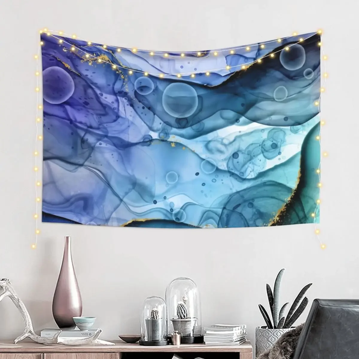 Mermaid Ink Splashes in Blue with Gold Detail Tapestry Wallpaper Bedroom Home Supplies Tapestry