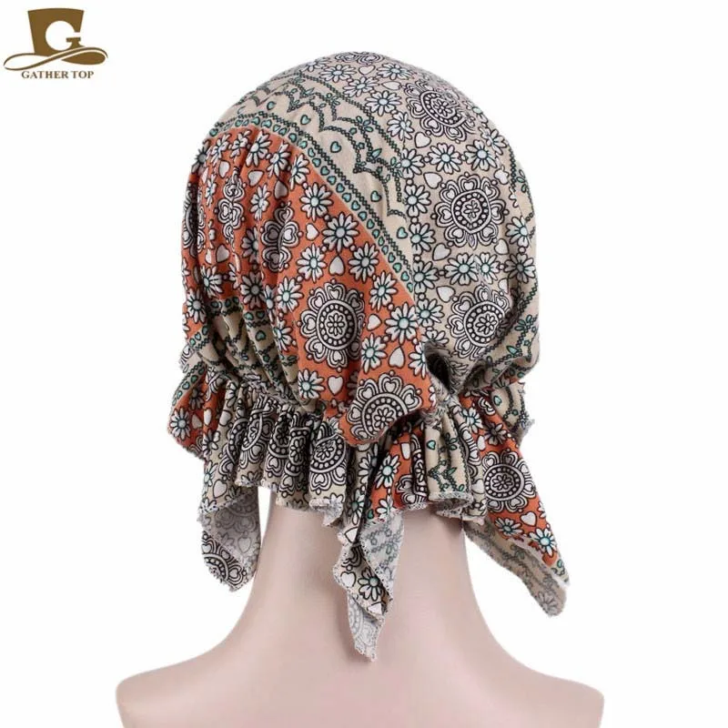 Solid Color Pre-tie Printed Turban For Women Wide Band Beanies Female Stretch Bandana Headwear Night Sleep Hats Cancer Chemo Cap