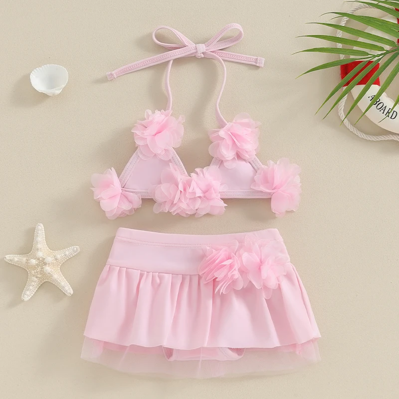 0-24M Baby Girl Swimsuit 2 Piece Bikini Set Halter Neck 3D Flower Tie Up Tops + Elastic Waist Shorts Sheer Mesh Bathing Suit